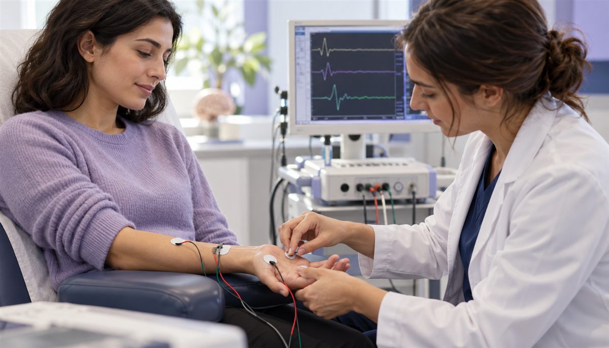 Examen de conduction nerveuse avec des électrodes sur la main et le bras