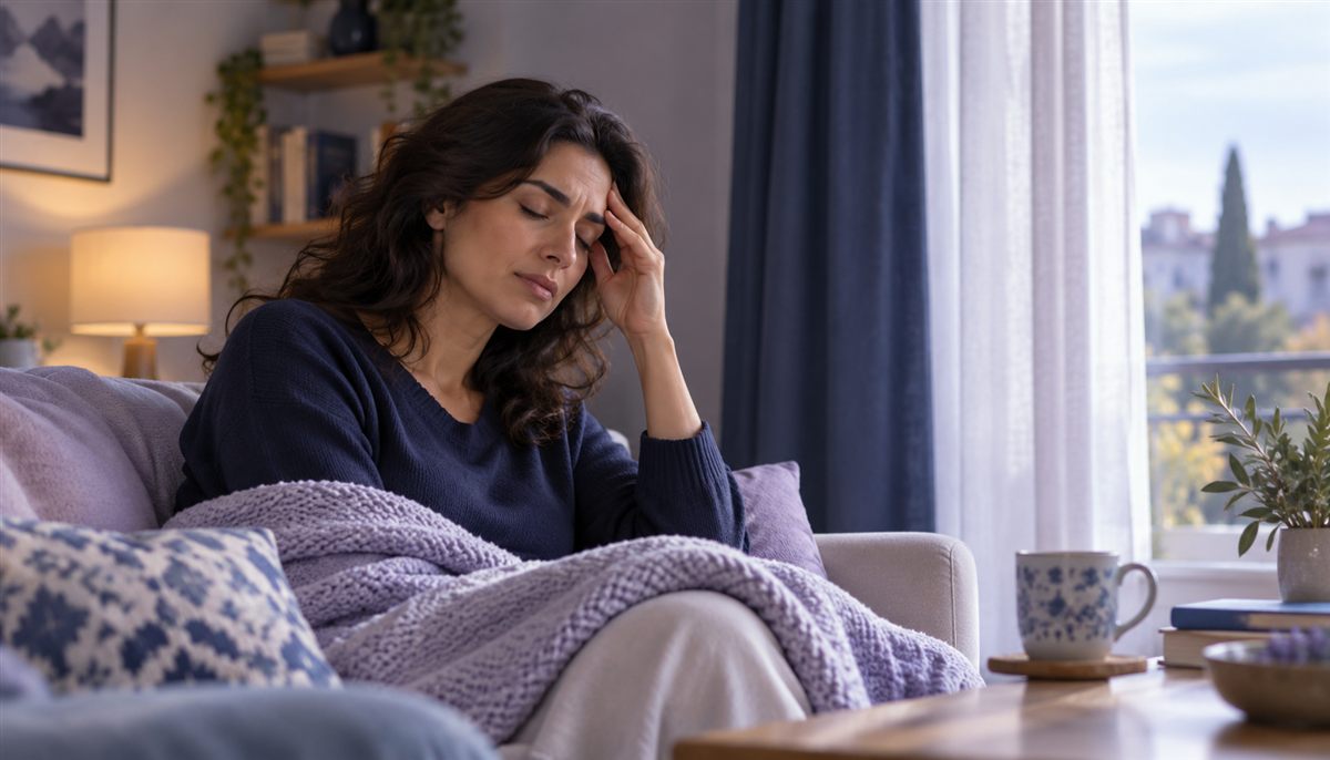 Personne se reposant dans une pièce peu éclairée pendant une migraine