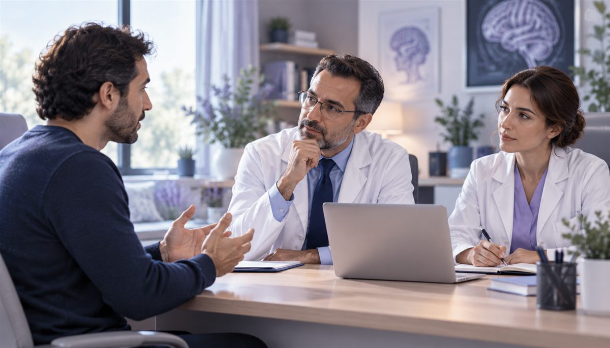 Entretien médical avec une patiente et deux spécialistes
