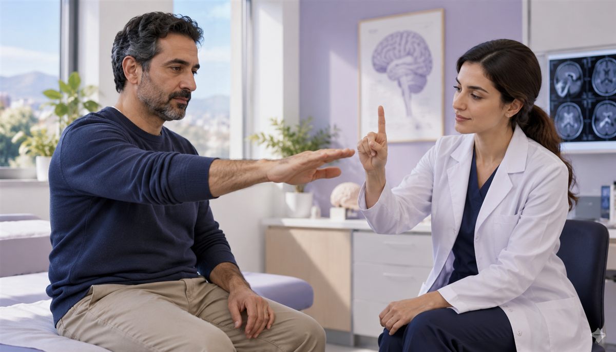 Médecin vérifiant la coordination de la main lors d’un examen neurologique