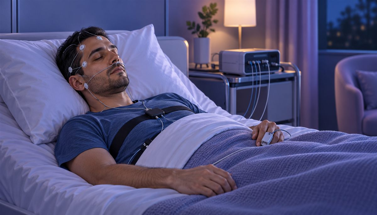 Patient dormant avec des capteurs pendant un examen du sommeil