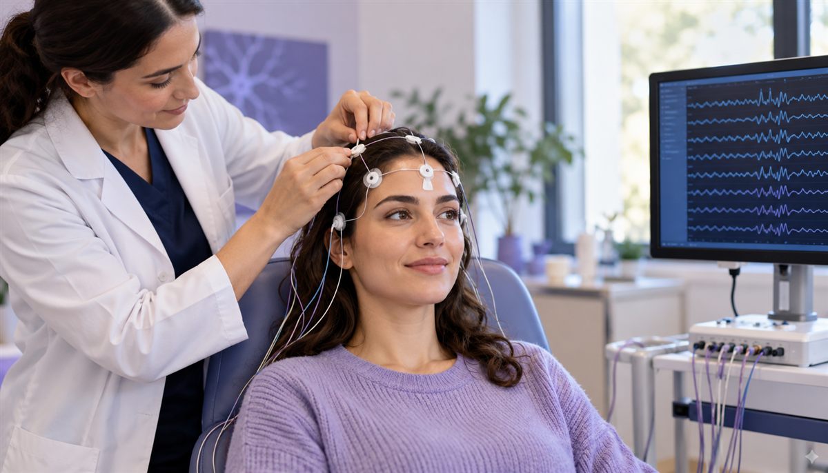 Pose d’électrodes sur le cuir chevelu avant un EEG
