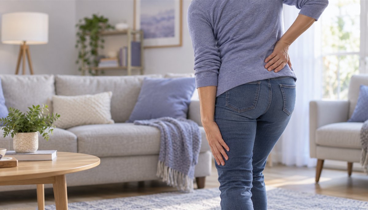 Personne montrant la région lombaire et le haut de la jambe