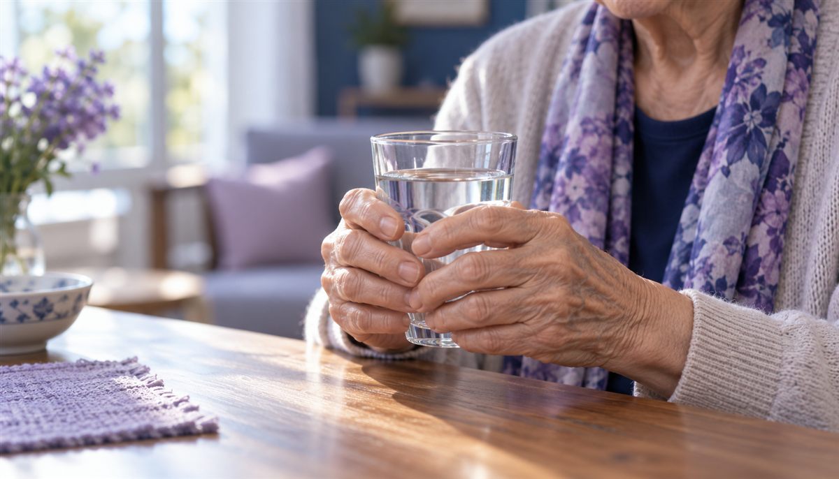 Mains d’une personne âgée tenant un verre à table