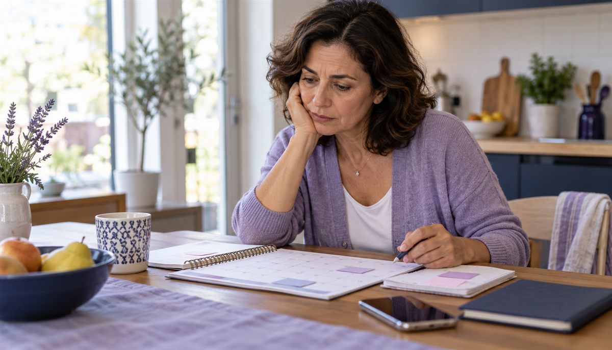 Personne réfléchissant devant un calendrier et des notes à domicile